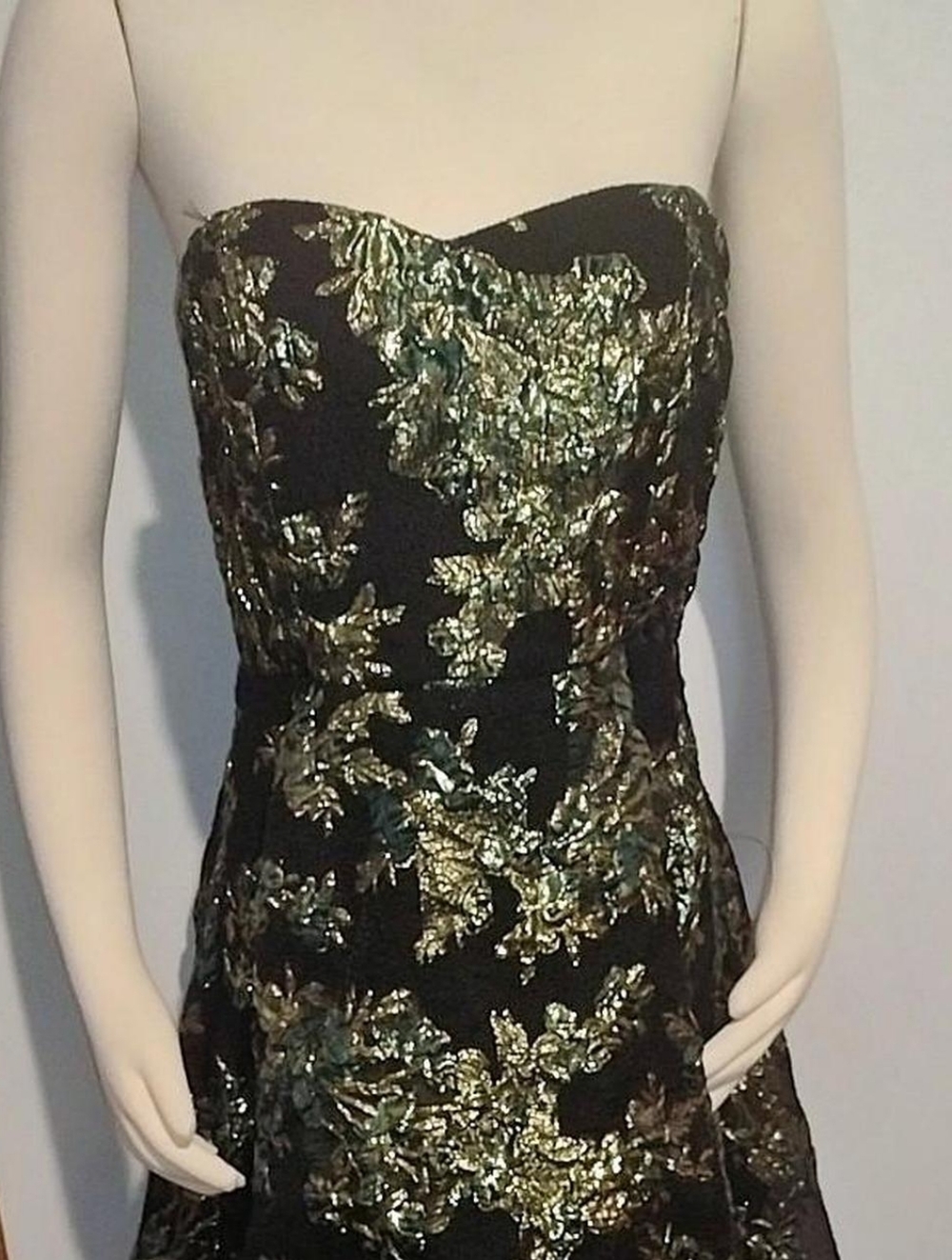 Lulu's Strapless Black Dress With Gold And Green Floral Print